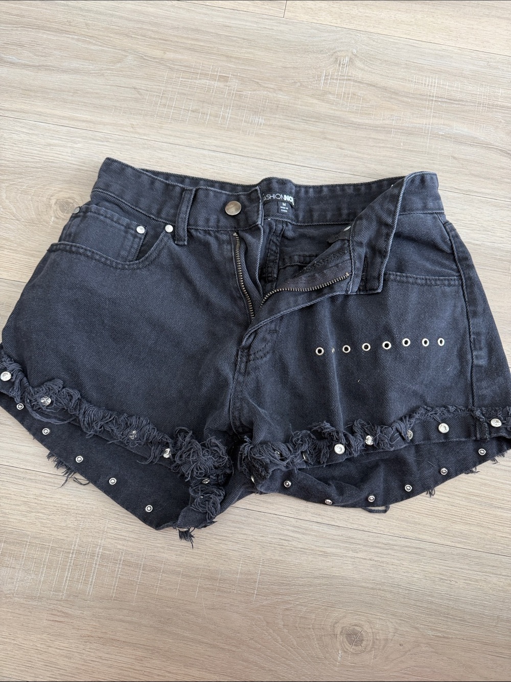 Fashion Nova Black Studded Distressed Denim Shorts